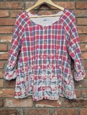 Per Una Pure Cotton Floral Plaid Roll Tab Shirt Large EU 44 Marks & Spencer